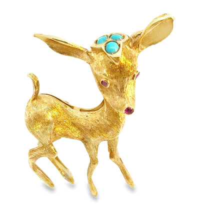 18K Yellow Gold Turquoise & Ruby Delicate Fawn Brooch