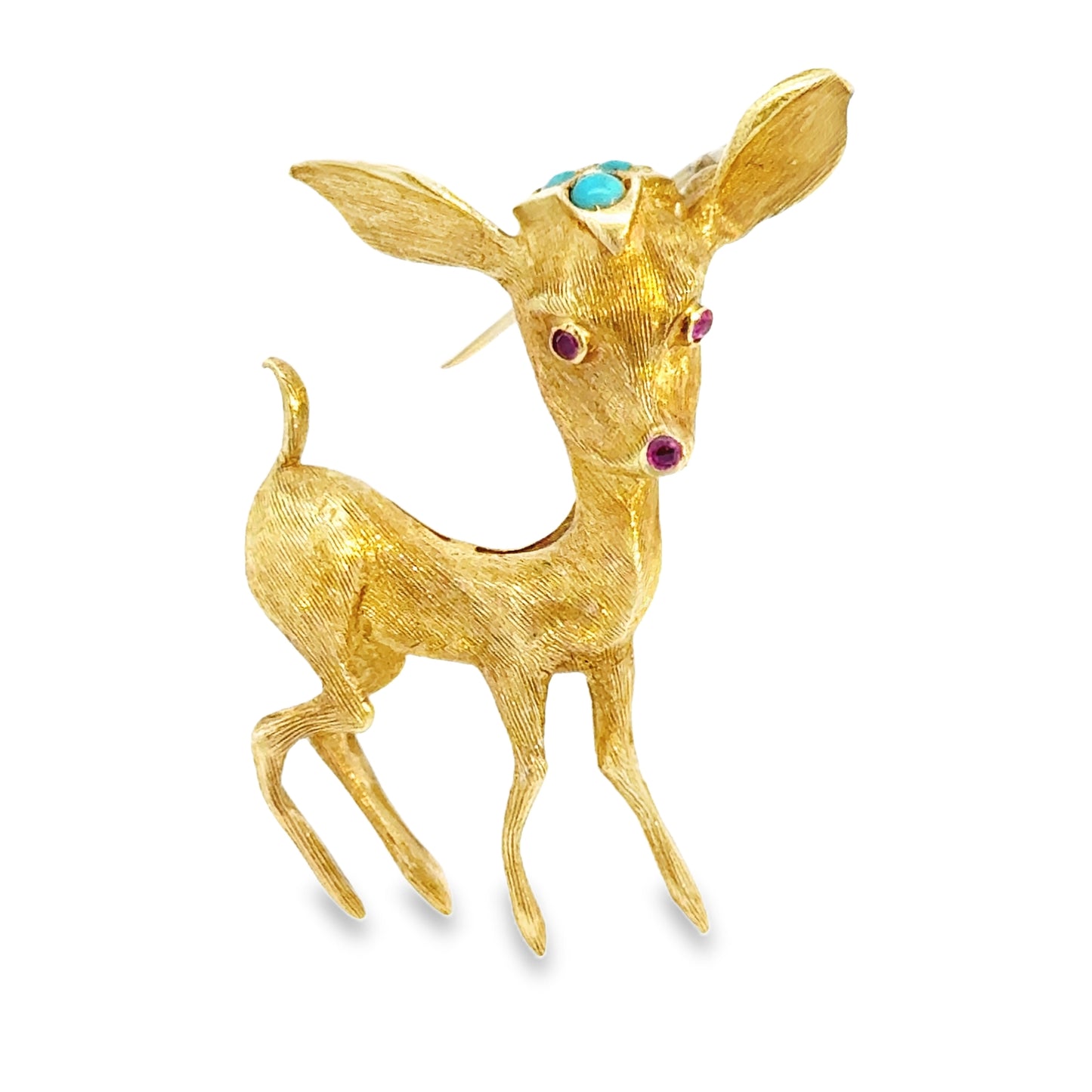 18K Yellow Gold Turquoise & Ruby Delicate Fawn Brooch