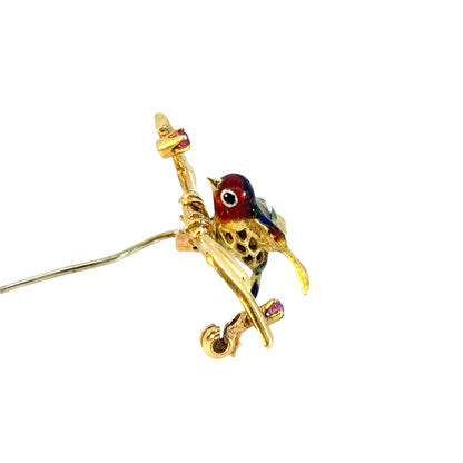 18K Yellow Gold Enamel Bird on Branch Brooch with Rubies – 1950’s Antique