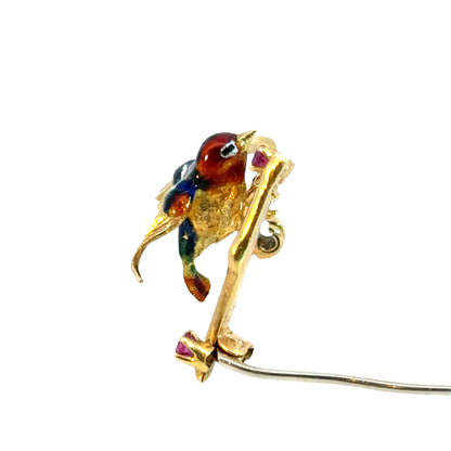 18K Yellow Gold Enamel Bird on Branch Brooch with Rubies – 1950’s Antique