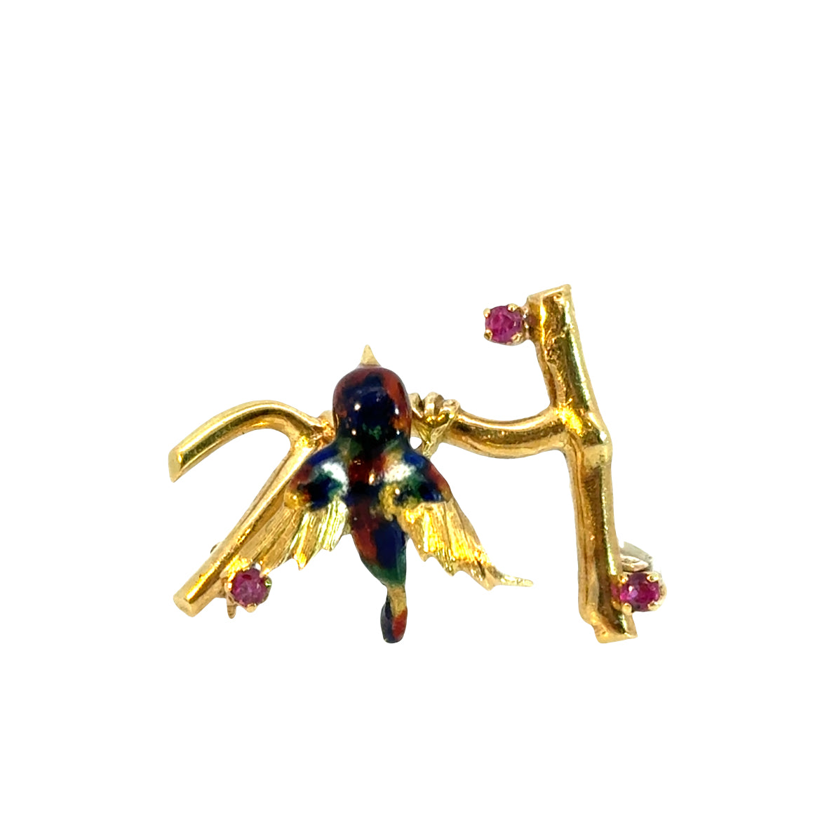 18K Yellow Gold Enamel Bird on Branch Brooch with Rubies – 1950’s Antique