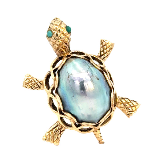 14K Yellow Gold Natural Black Pearl & Emerald Turtle Brooch