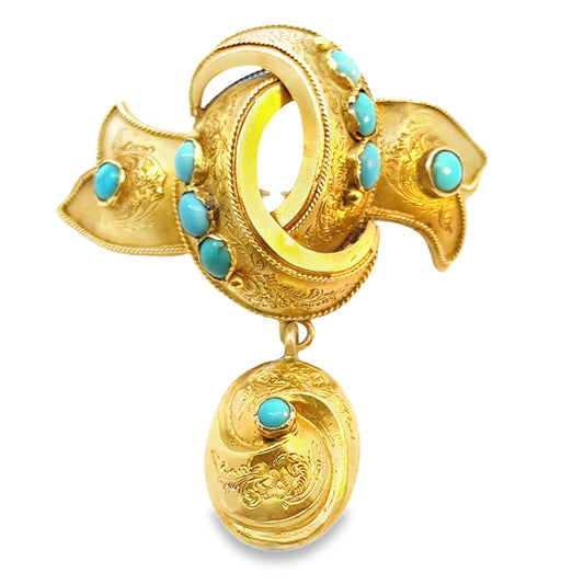 14K Ornate Yellow Gold & Turquoise Victorian-era Brooch