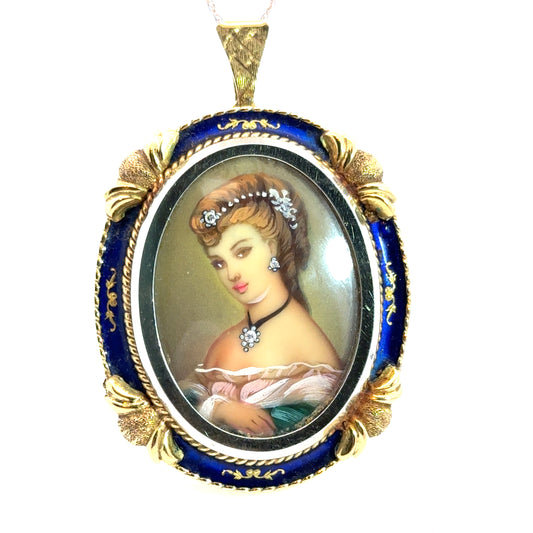 18K Yellow Gold Portrait Brooch/Pendant with Enamel Frame & Diamond Accents – Retro Elegance