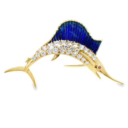 18K Yellow Gold Diamond, Ruby & Enamel Detailed Marlin Brooch