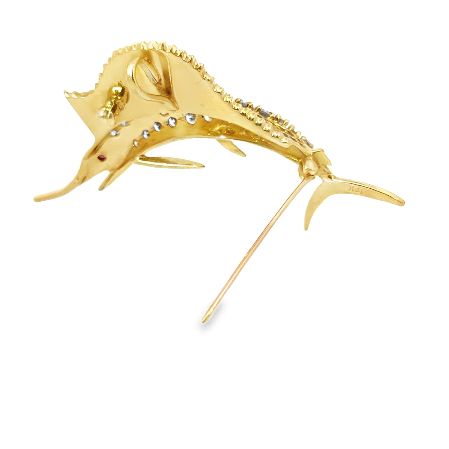 18K Yellow Gold Diamond, Ruby & Enamel Detailed Marlin Brooch