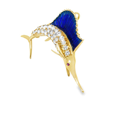 18K Yellow Gold Diamond, Ruby & Enamel Detailed Marlin Brooch