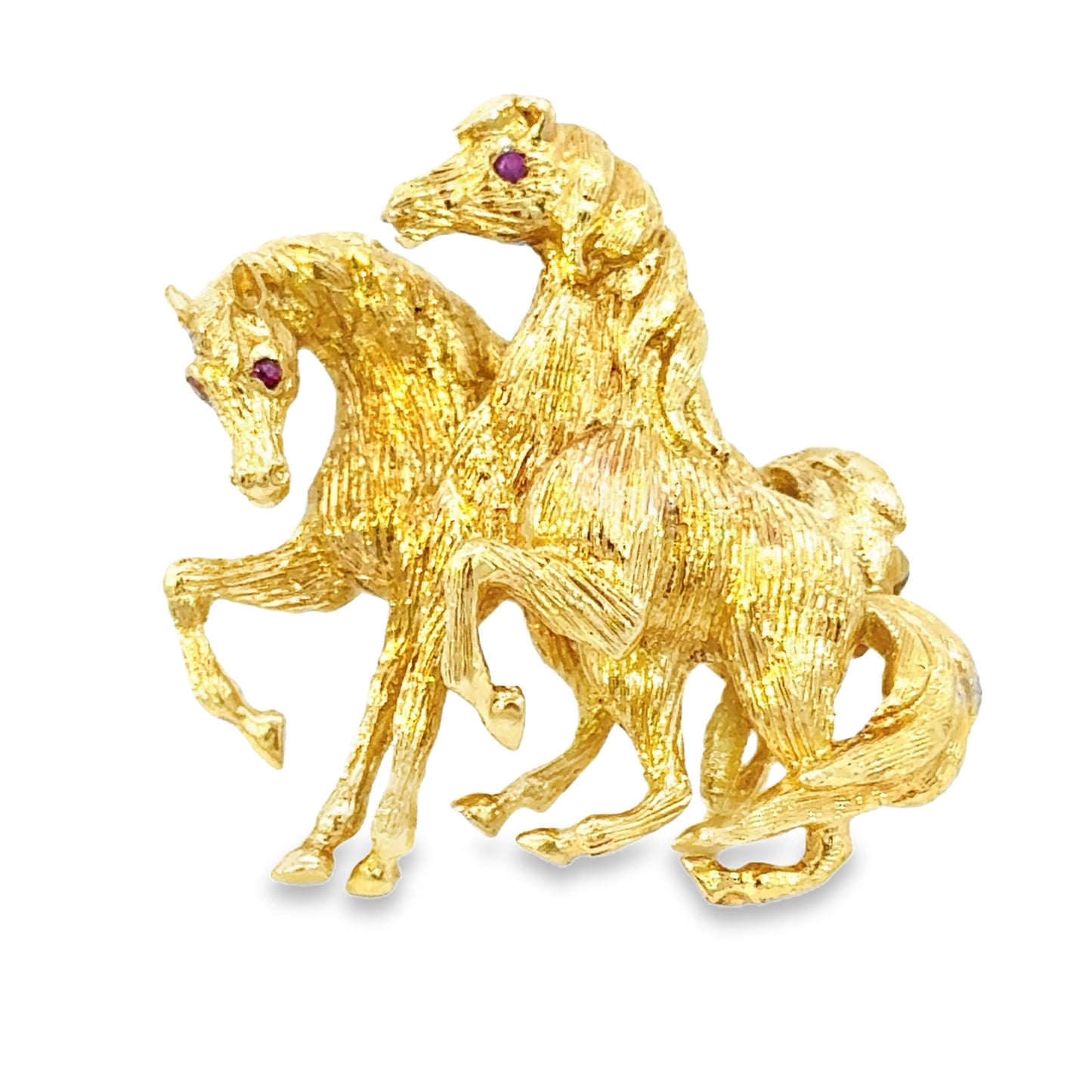 18K Yellow Gold & Ruby Horses In Mid-Motion Brooch