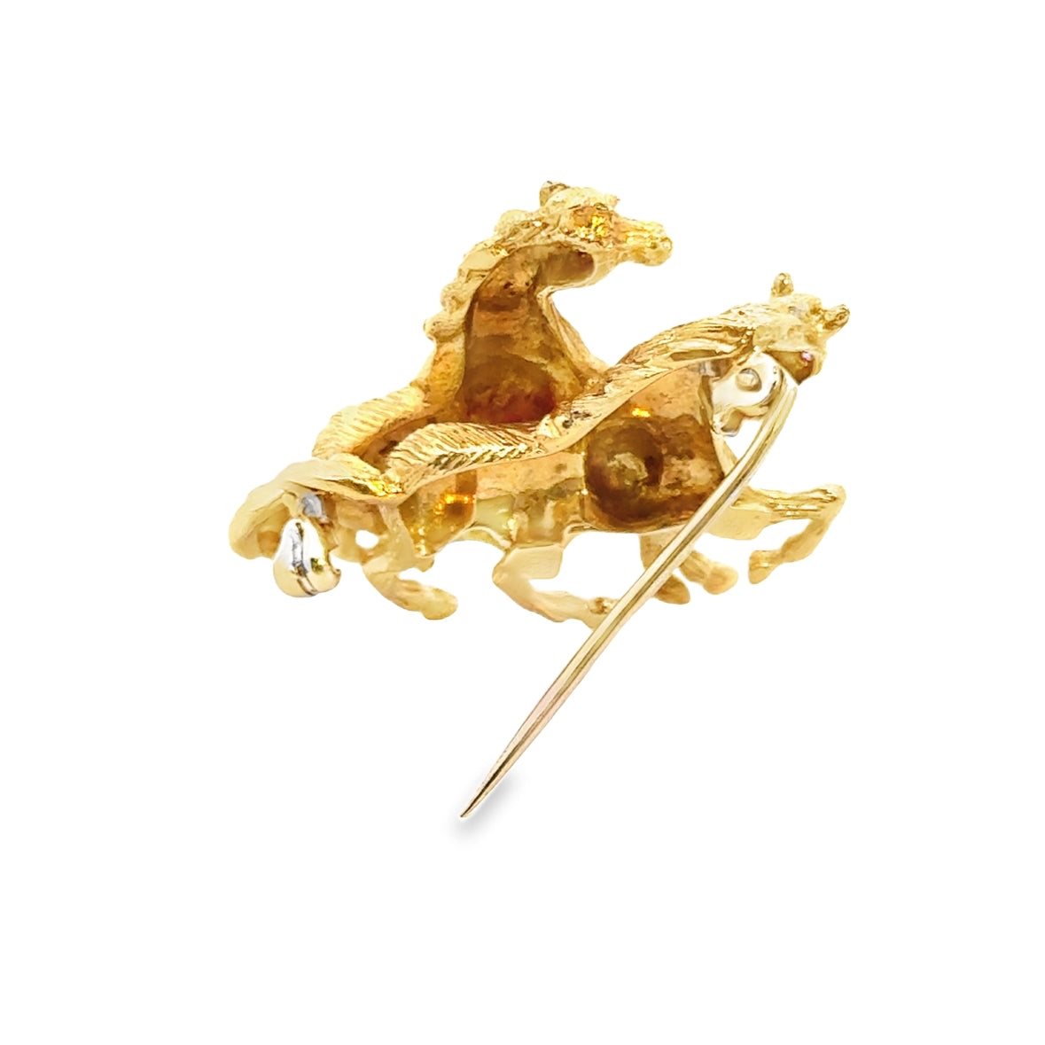 18K Yellow Gold & Ruby Horses In Mid-Motion Brooch