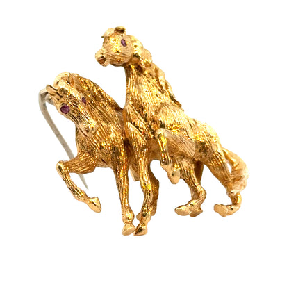 18K Yellow Gold & Ruby Horses In Mid-Motion Brooch