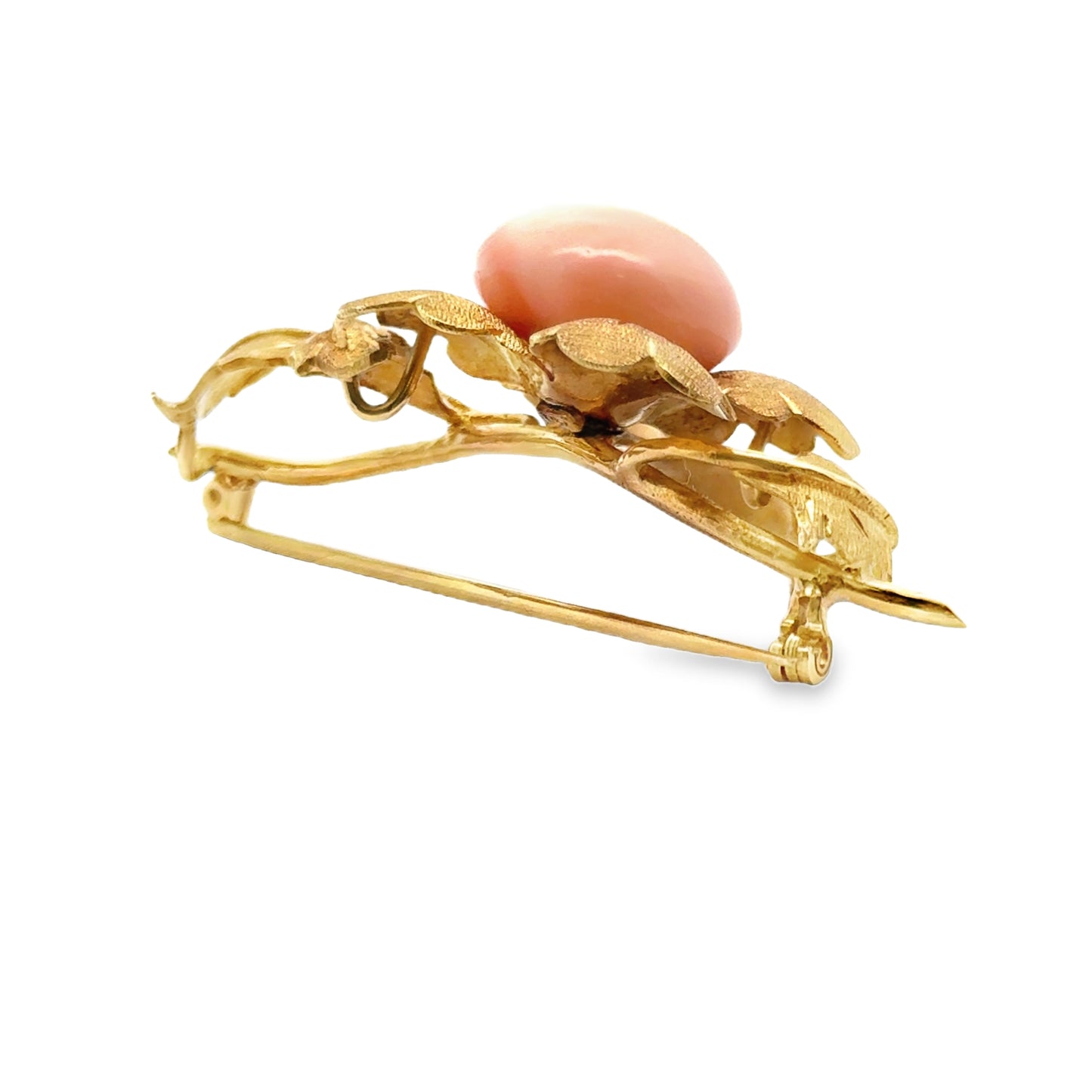 18K Yellow Gold & Coral Flower with Leaves Brooch