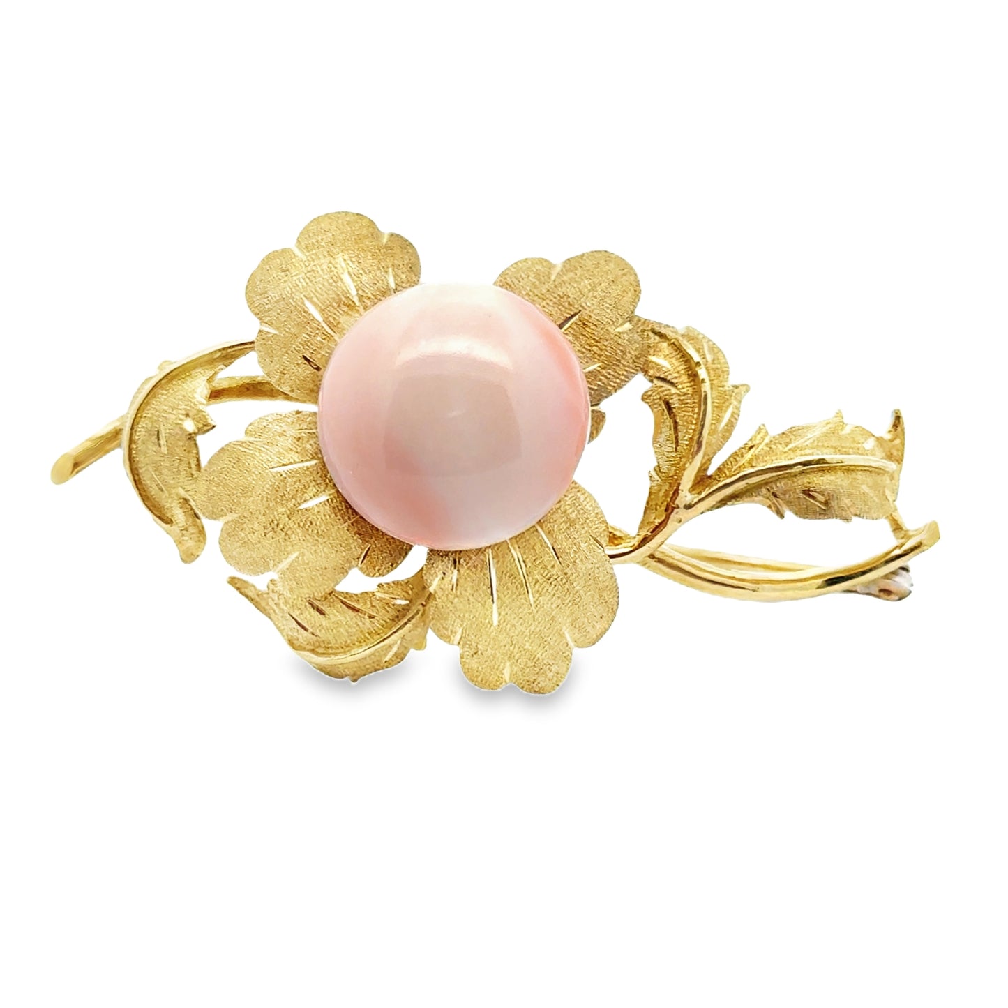 18K Yellow Gold & Coral Flower with Leaves Brooch