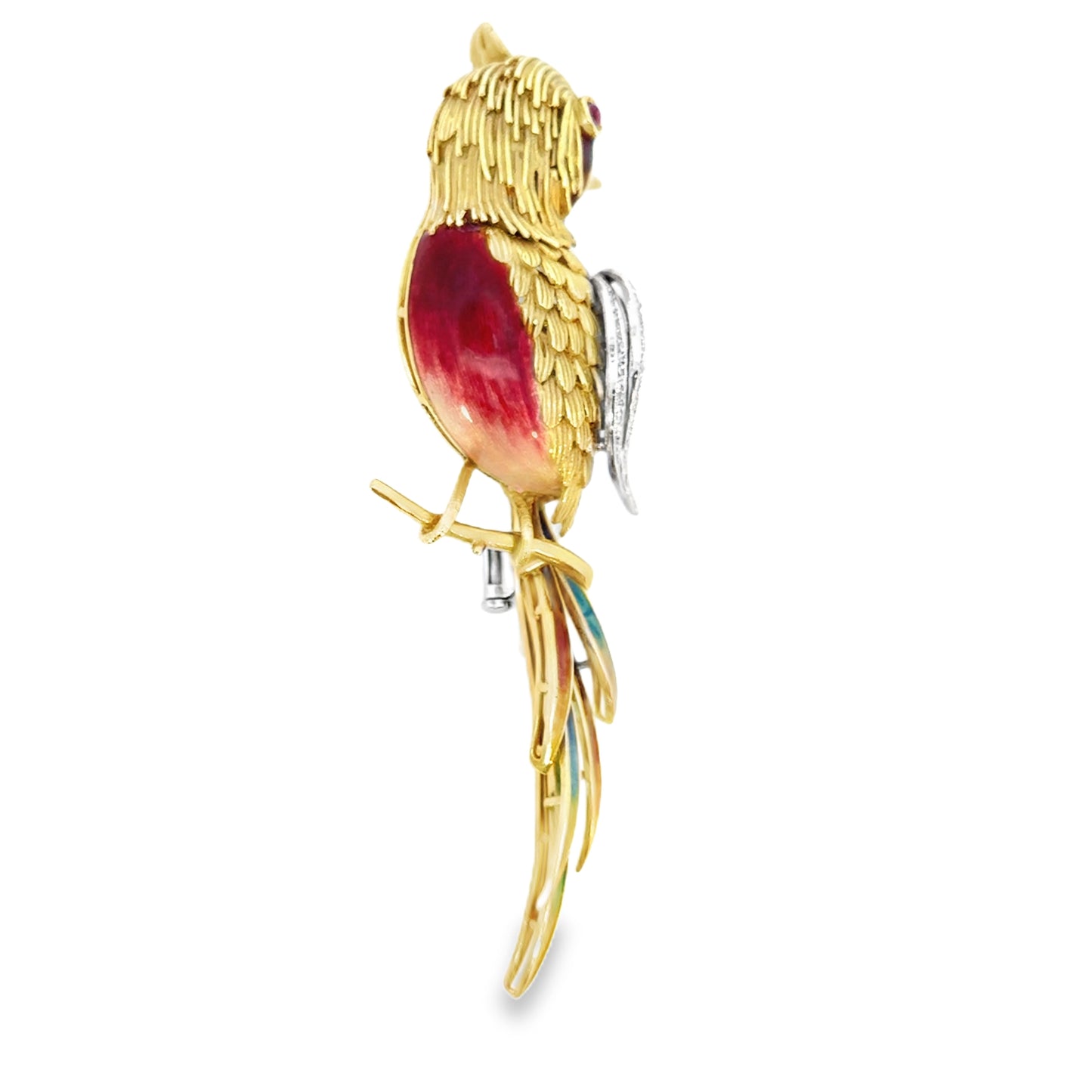 18K Yellow Gold Multi-Color Bird Perched on a Branch Brooch