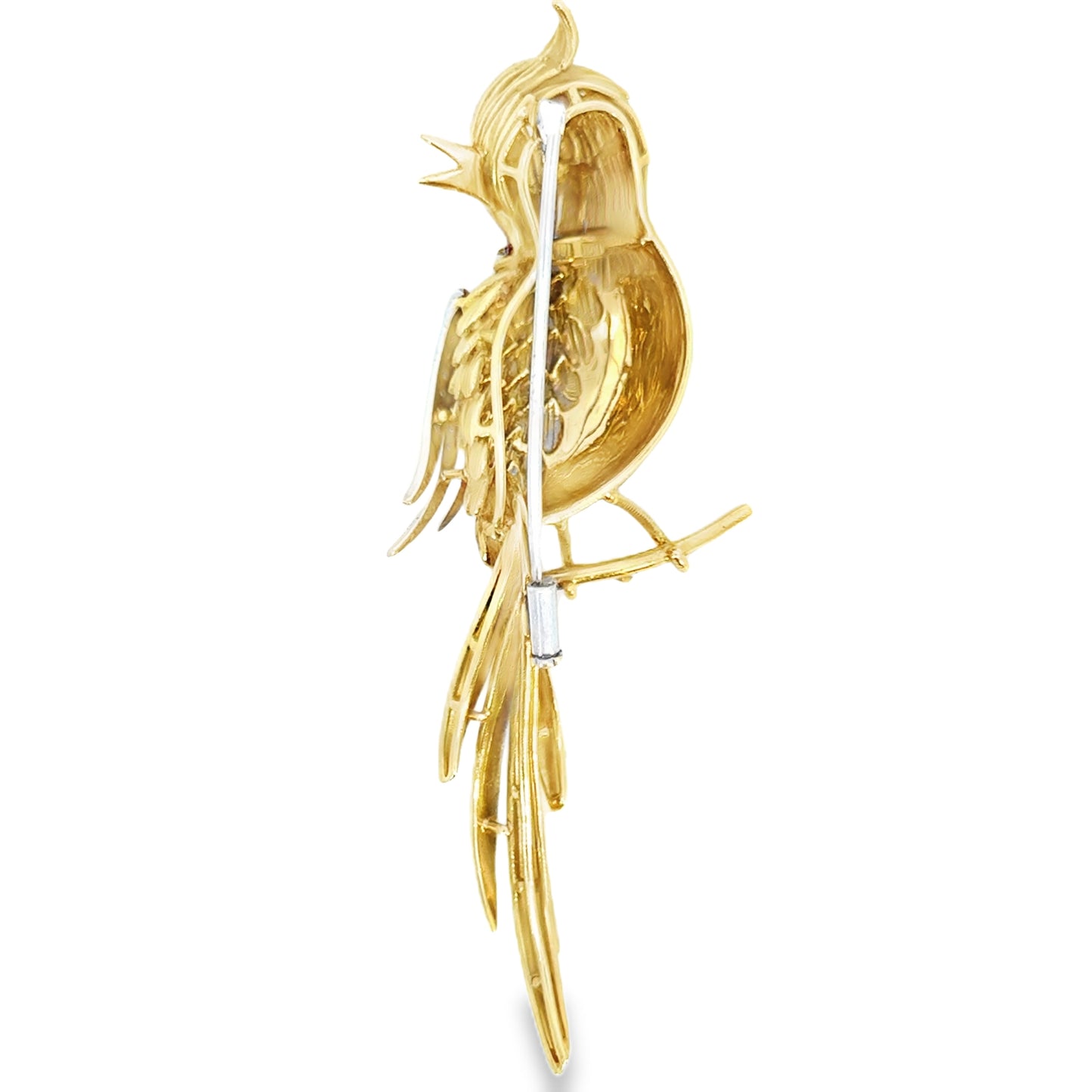 18K Yellow Gold Multi-Color Bird Perched on a Branch Brooch