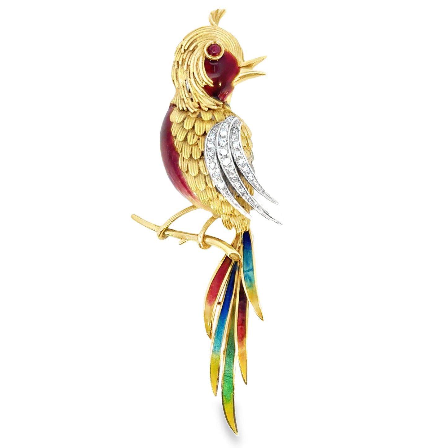 18K Yellow Gold Multi-Color Bird Perched on a Branch Brooch