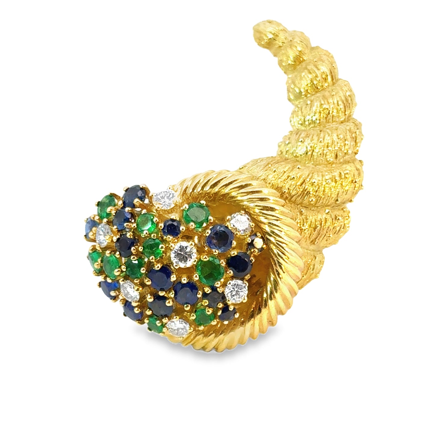 18K Yellow Gold Diamond, Sapphire & Emerald Cornucopia Brooch