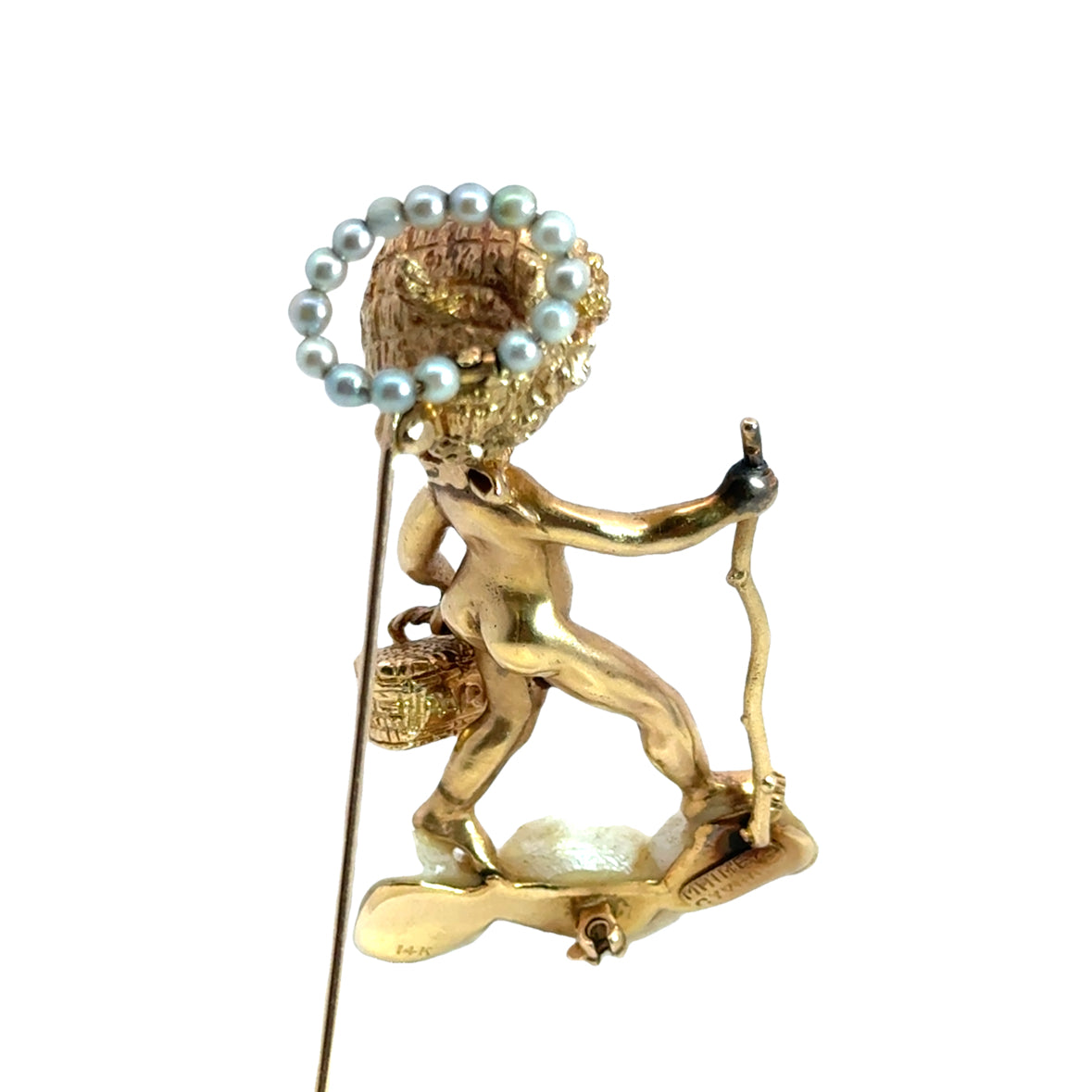 14K Yellow Gold Pearls & Sapphire Cherub with Basket Brooch