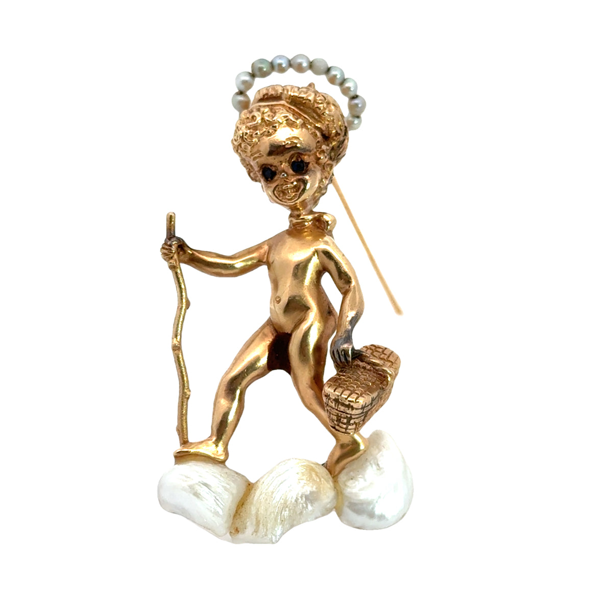 14K Yellow Gold Pearls & Sapphire Cherub with Basket Brooch