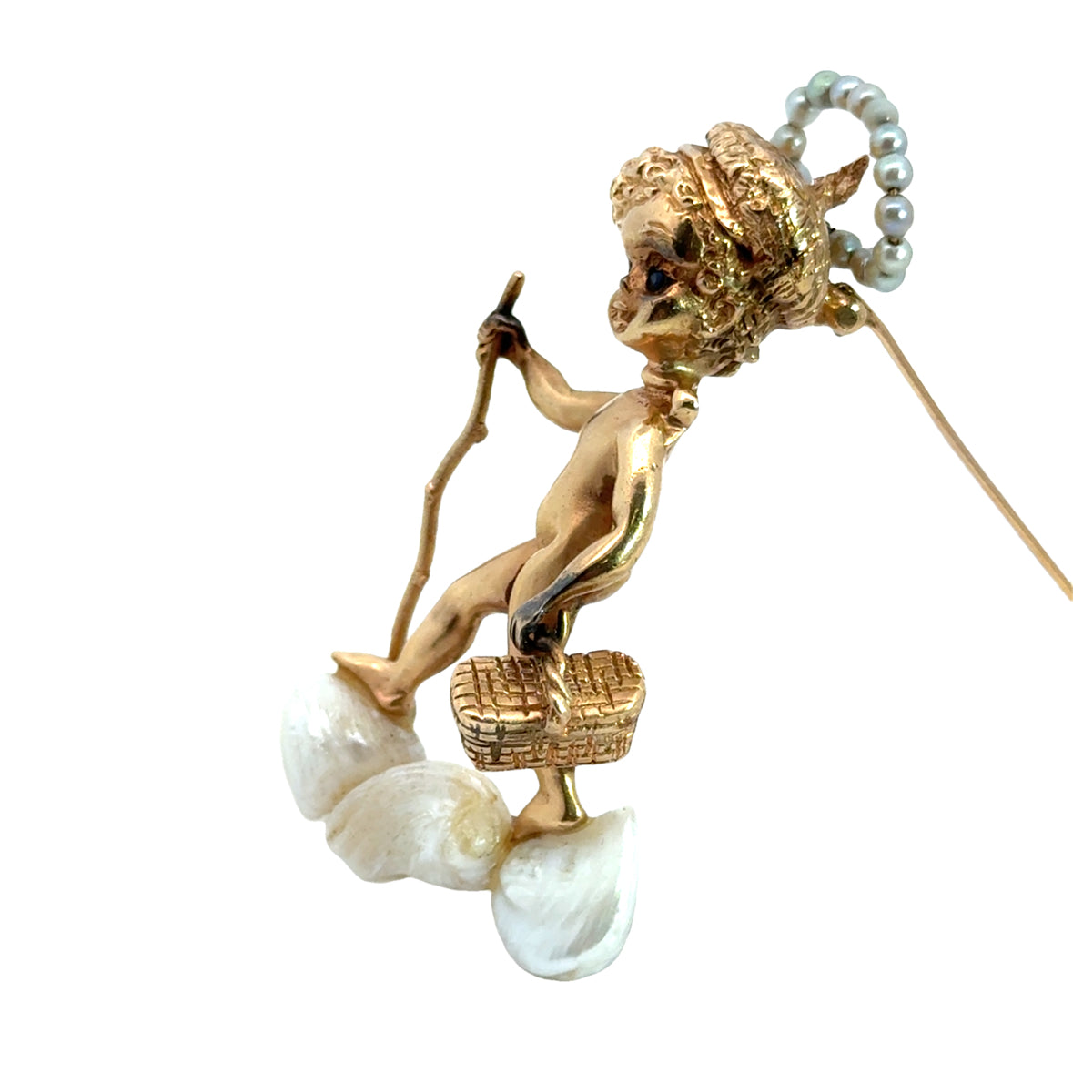 14K Yellow Gold Pearls & Sapphire Cherub with Basket Brooch