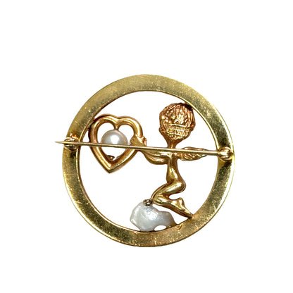 14K Yellow Gold Natural Pearl & Sapphire Cherub Brooch