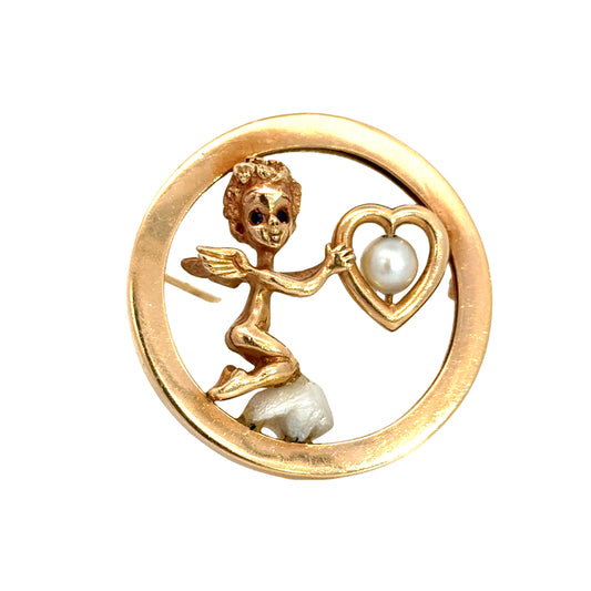 14K Yellow Gold Natural Pearl & Sapphire Cherub Brooch