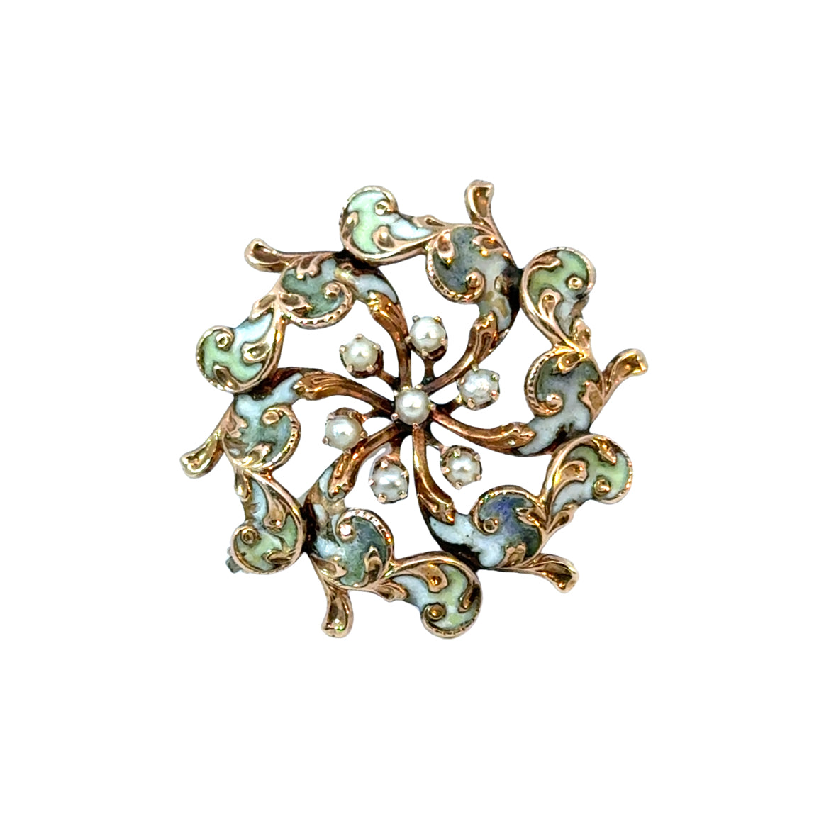 Exquisite 14K Yellow Gold Seed Pearl & Enamel Vintage Brooch