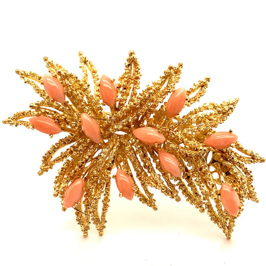 Vintage Marquise Cut Coral and 18K Textured Gold Brooch