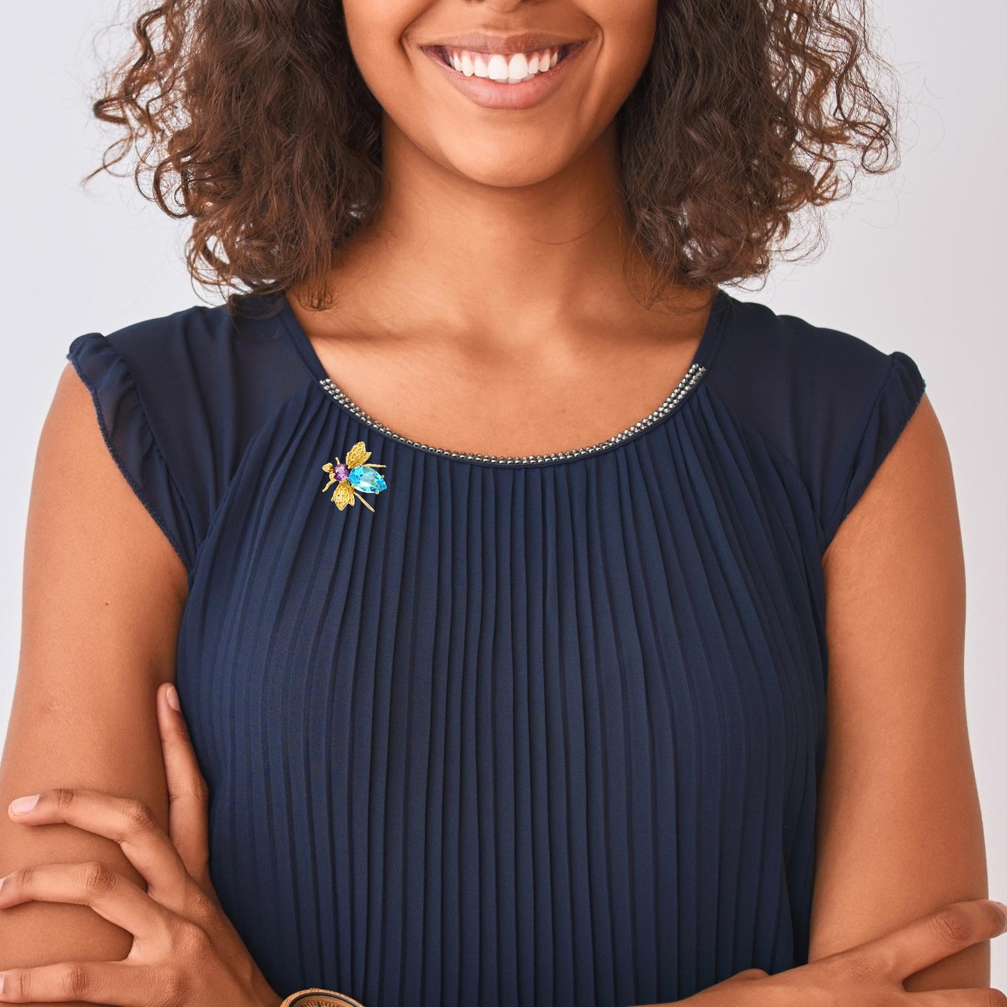 14K Yellow Gold Amethyst & Blue Topaz Bee Brooch