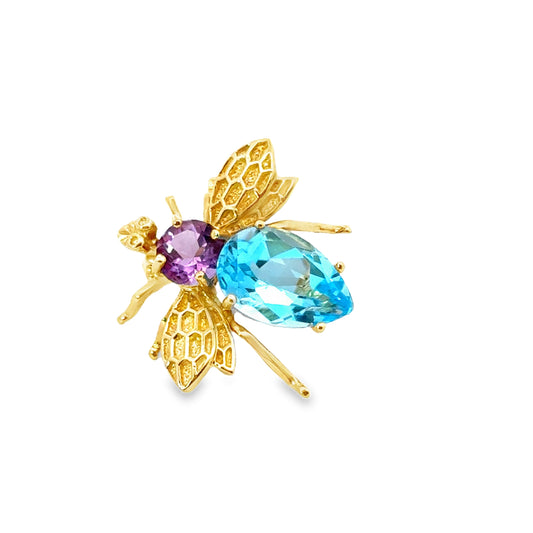 14K Yellow Gold Amethyst & Blue Topaz Bee Brooch