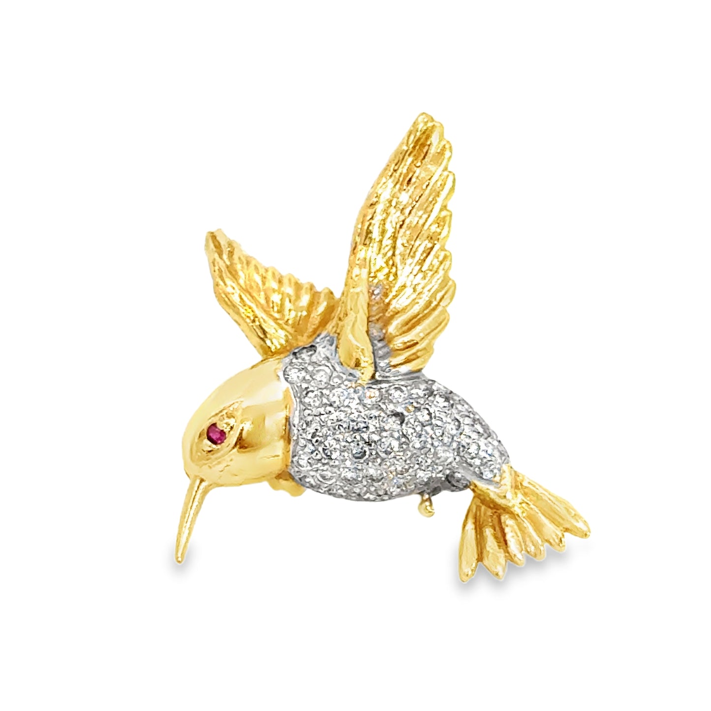 14K Yellow Gold Bird Brooch with Diamonds & Ruby Eye