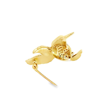 14K Yellow Gold Bird Brooch with Diamonds & Ruby Eye
