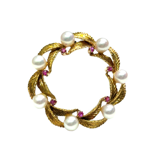 18K Yellow Gold Pearl & Ruby Wreath Brooch