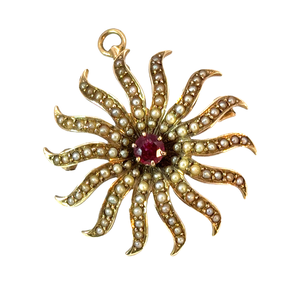 14K Yellow Gold Ruby & Seed Pearls Vintage Sunburst Brooch/Pendant