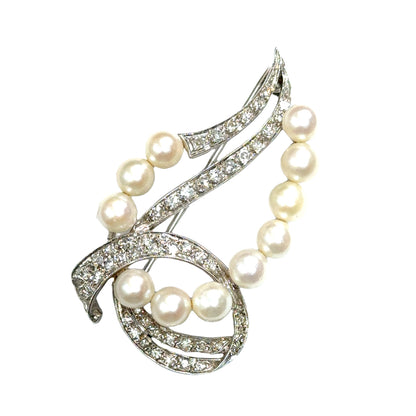 Elegant Platinum Diamond & Pearl Ribbon Brooch