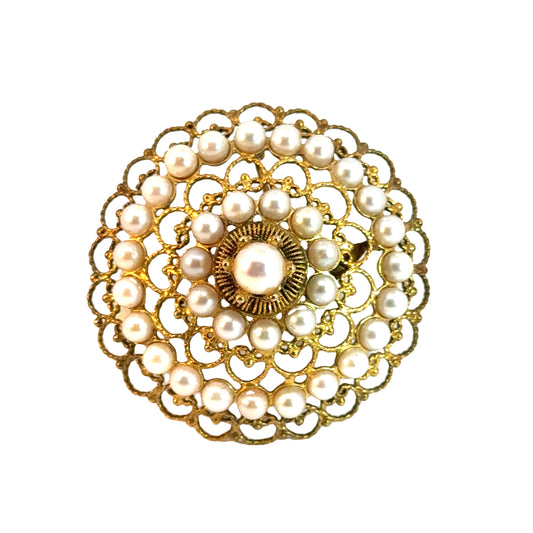 Antique 18K Yellow Gold Delicate Filigree & Pearl Brooch/Pendant