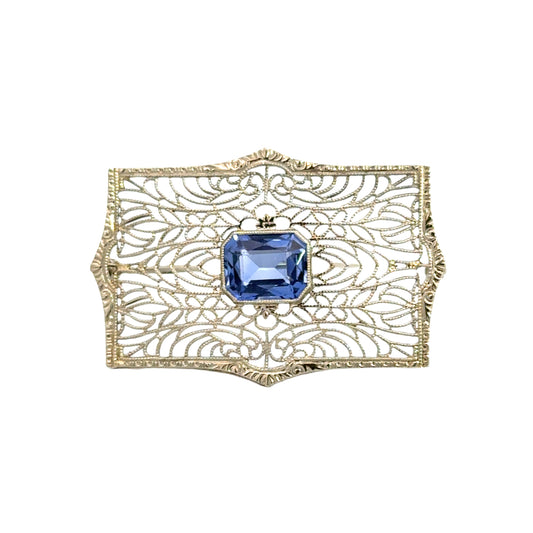 14K White Gold Art Deco Ornate Sapphire Bar Pin