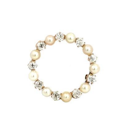 14K Yellow Gold Pearl & Diamond Brooch