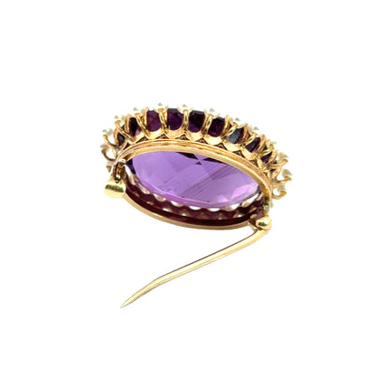 Exquisite 14K Yellow Gold Amethyst & Seed Pearls Brooch