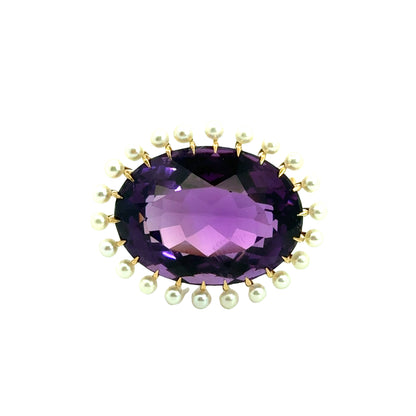 Exquisite 14K Yellow Gold Amethyst & Seed Pearls Brooch