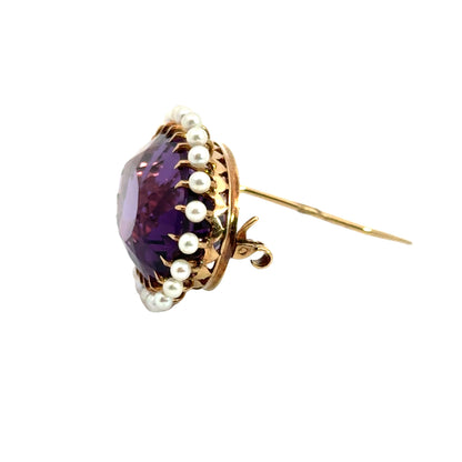 Exquisite 14K Yellow Gold Amethyst & Seed Pearls Brooch