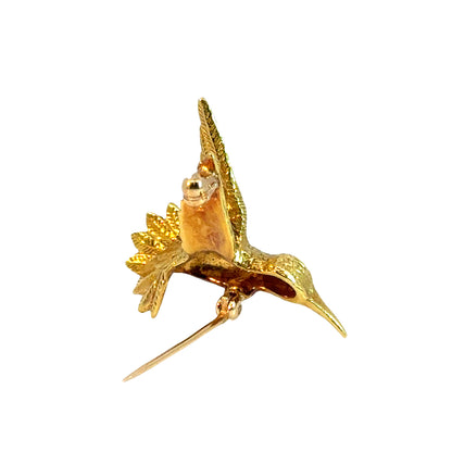 18K Yellow Gold Bird in Flight Brooch with Ruby Eye