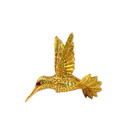 18K Yellow Gold Bird in Flight Brooch with Ruby Eye