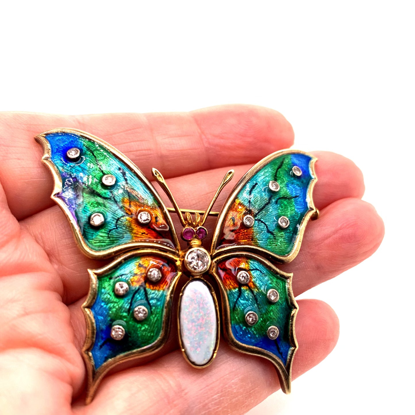 Beautiful 14K Enamel, Opal, and Ruby Butterfly Brooch