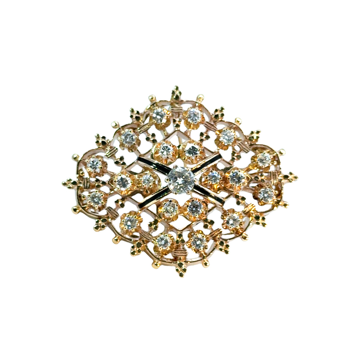 14K Yellow Gold Diamond & Enamel Lace-Like Elegant Brooch