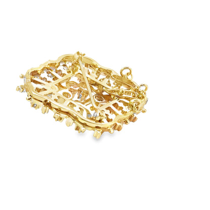 14K Yellow Gold Diamond & Enamel Lace-Like Elegant Brooch