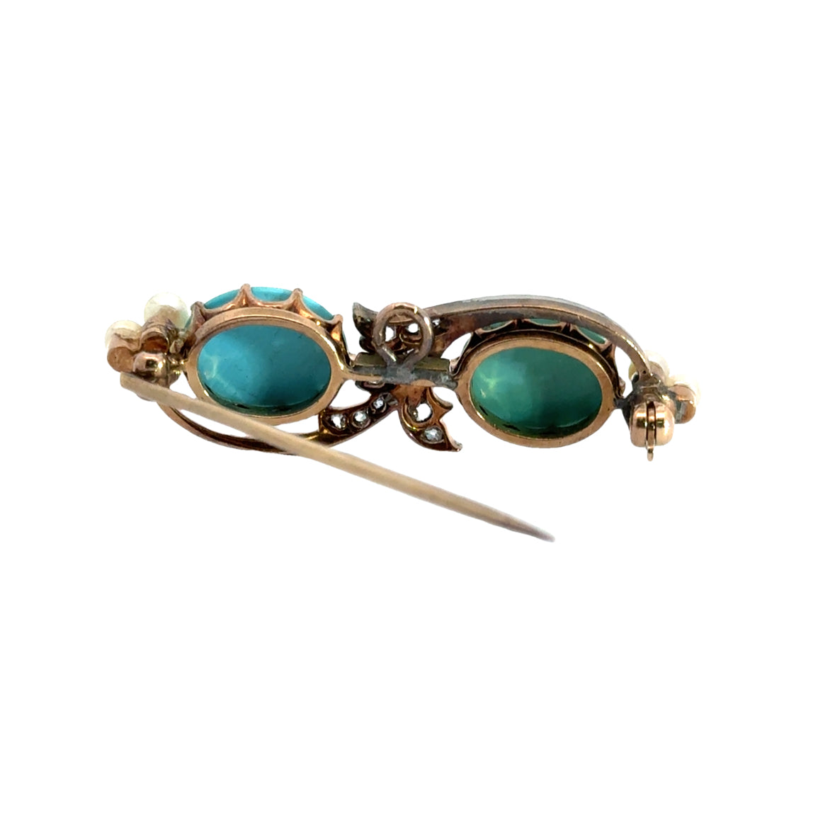 Art Deco 14K Two-Tone Turquoise, Diamond & Pearl Brooch/Pendant