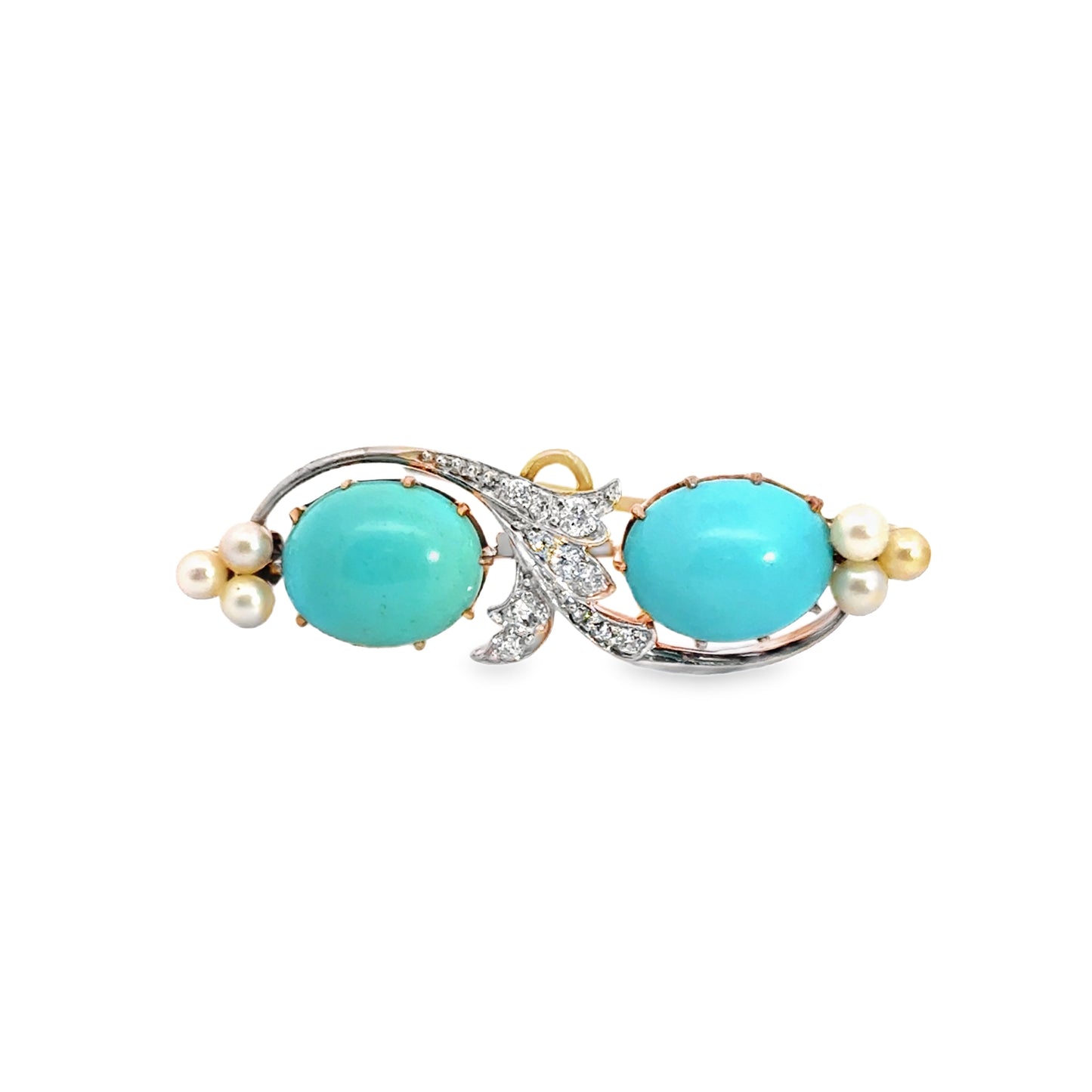 Art Deco 14K Two-Tone Turquoise, Diamond & Pearl Brooch/Pendant