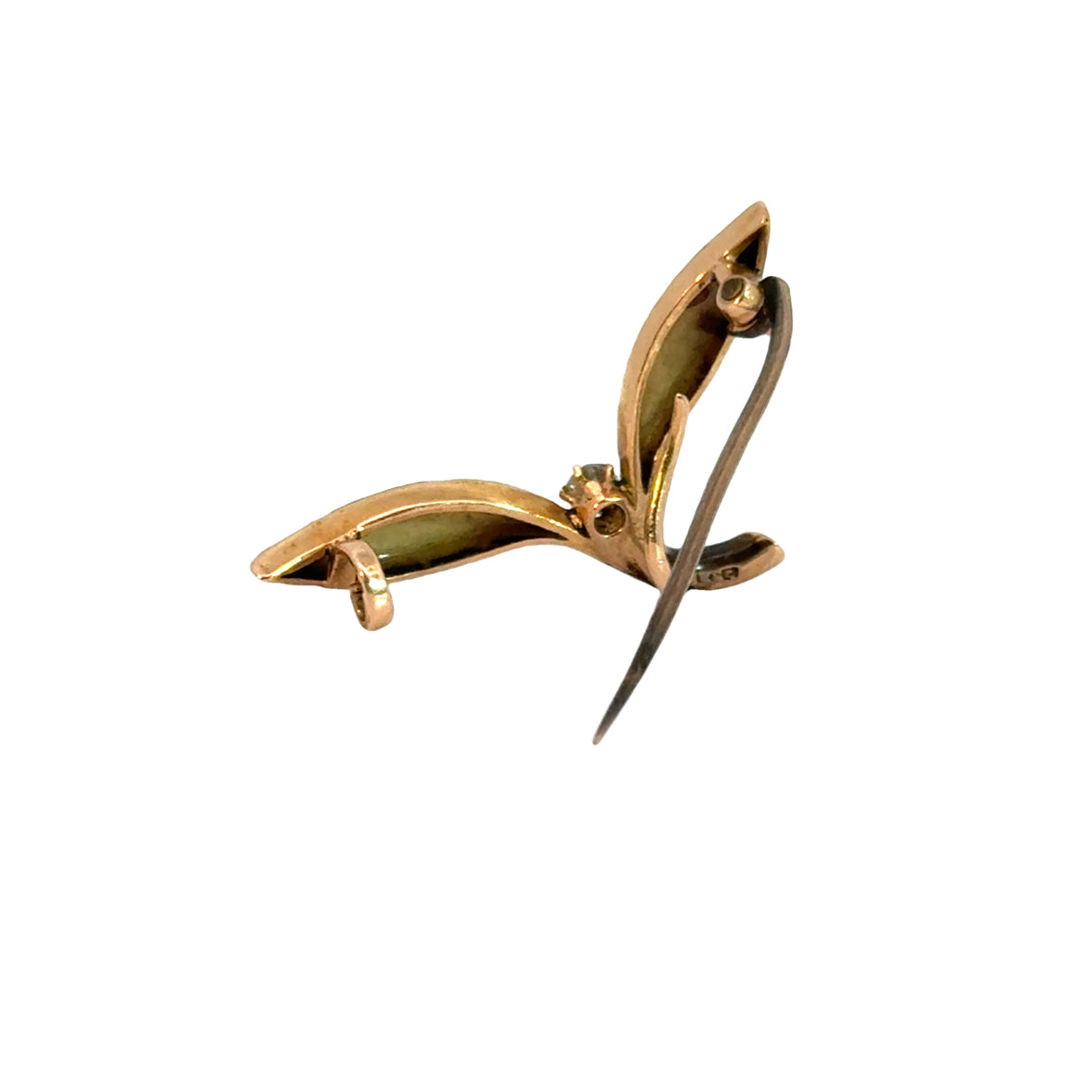 14K Yellow Gold Green Enamel & Diamond Delicate Leaf Brooch