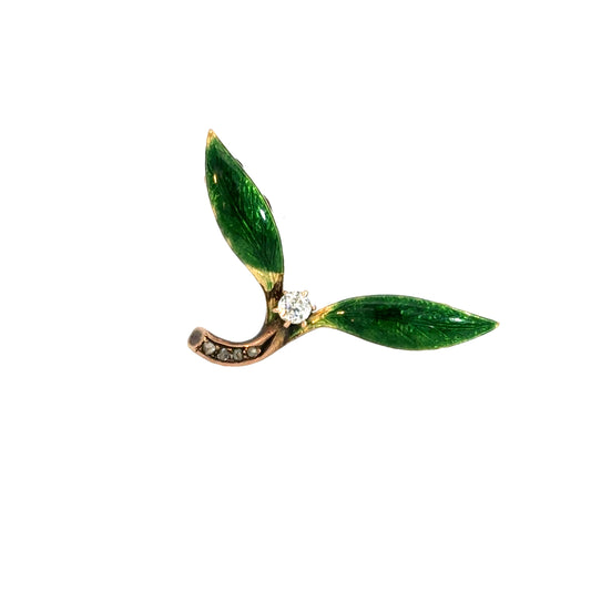 14K Yellow Gold Green Enamel & Diamond Delicate Leaf Brooch