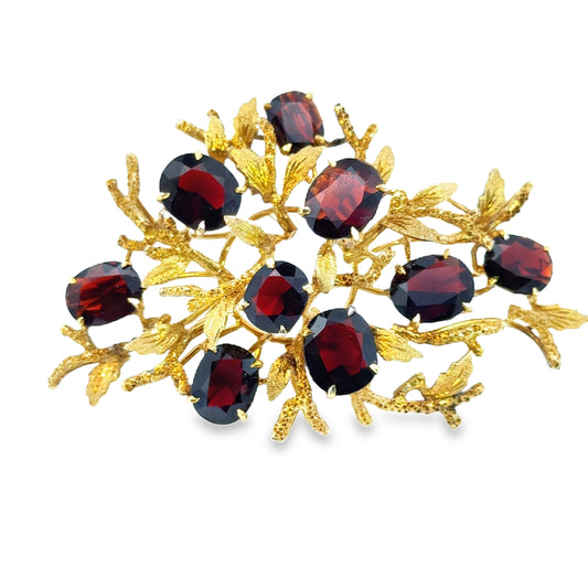 18K Yellow Gold & Garnet Leafy Branch Brooch